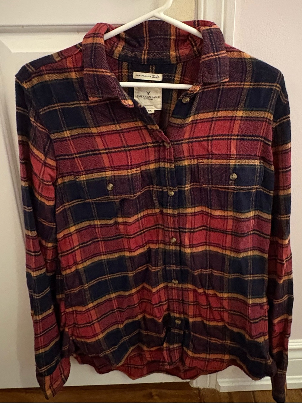 American Eagle Outfitters Red, Navy & Yellow Plaid Button-Down Shirt